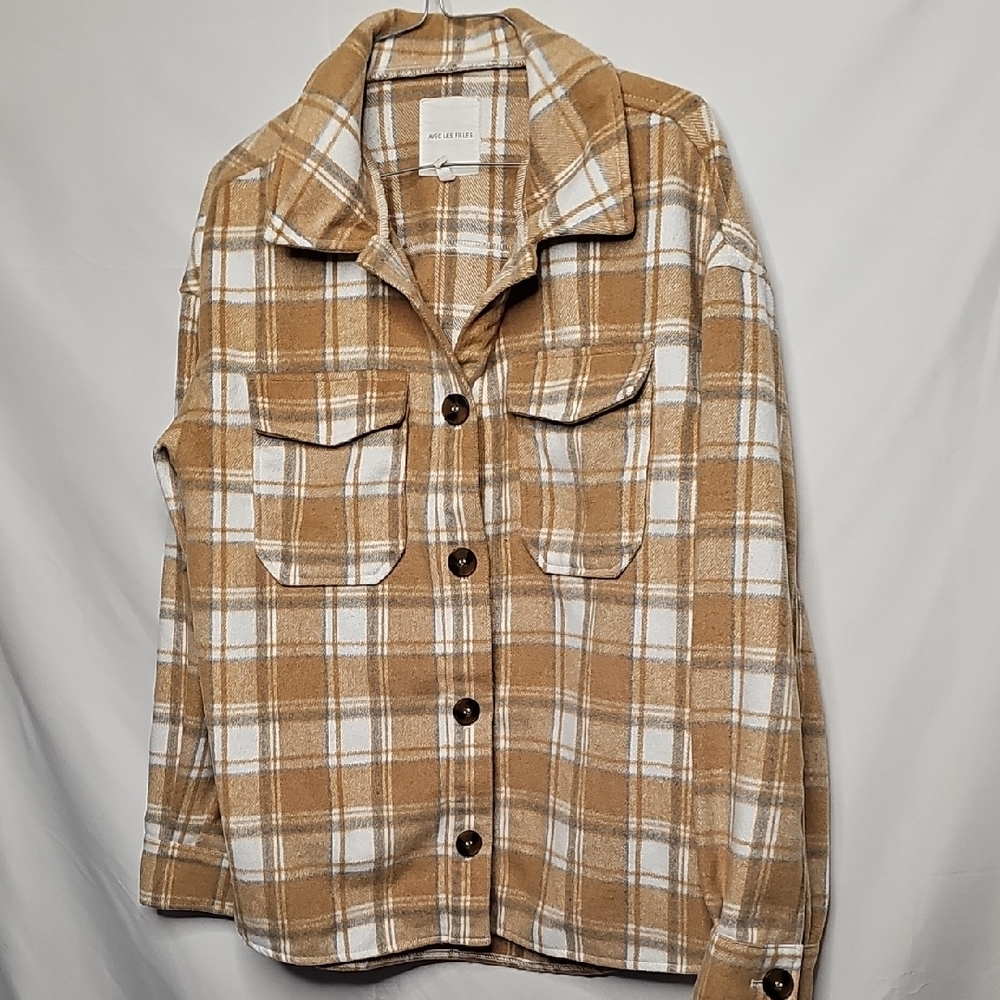 AVEC LES FILLES plaid Tan White Button Down Shirt Jacket Sz Medium - Picture 1 of 6